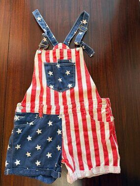 American Flag Stars & Stripes Denim Short Overalls Red White Blue L